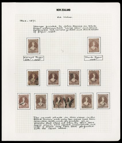 6d. red-brownbrown collection comprising pairs (4) and singles (26) in a range of shades, various cancellations including two pairs with each stamp cancelled with large W of
Hokitika, and a few with circular datestamps generally fine and an a