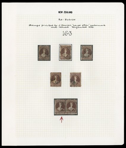 6d. red-brownbrown collection of re-entries (21) comprising Row 163 (11, one in pair with 164, one in pair with 163, one with grossly misplaced horizontal perforations and one
on 1870 envelope from Auckland to Jersey) and Row 1710 (7, one in