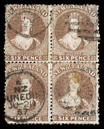 6d. red-brown, a block of four in a pale shade, each horizontal pair sharing Dunedin duplex some reinforcing, lower left corner rounded and lower right stamp with stain on
head, otherwise fine. A scarce multiple. Sc. 36 S.G. 122. provenance: