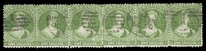 1- dull yellow-green, a horizontal strip of six cancelled with several Auckland A duplexes perfs. reinforced and with a couple of small creases though a scarce and attractive
multiple. Sc. 37 group S.G. 125 var., £660+. provenance: 