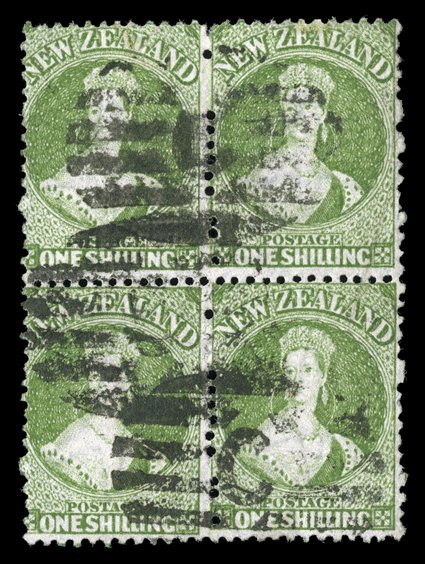 1- bright yellow-green, a block of four thrice cancelled with Christchurch C in oval of bars, the upper pair with two very light marks at top and one with a small corner
crease. A scarce multiple. Sc. 37 group S.G. 125 var., £440+.