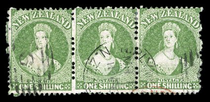1- yellow-green, a horizontal strip of three cancelled with portions of two New Plymouth duplexes and with small portion of a c.d.s. in red at foot of one stamp most
attractive. Sc. 37a S.G. 125, £330+.