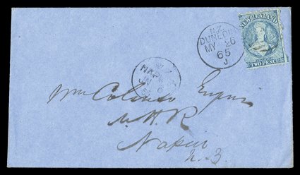 1865 (May and Oct.) and 1871 envelopes from Dunedin, Wellington and Auckland respectively, each from the Colenso correspondence to Napier and bearing 2d. blue Plate I worn (2)
or Plate II, and 1870 envelope (soiled) from Clyde to Oamaru, bear