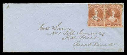 1865 (25 Aug.) envelope from the Laver correspondence to Auckland, bearing 1d. carmine-vermilion horizontal pair twice lightly cancelled with province of auckland1n.z. c.d.s.,
the reverse with a further strike alongside Auckland c.d