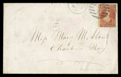 1867 (Sept.) envelope from Lyttelton to Charteris Bay bearing 1d. carmine-vermilion cancelled with large part C2 duplex, 1869 local Wellington drop letter envelope bearing 1d.
orange-vermilion cancelled with 070 duplex, and 1870 blue local