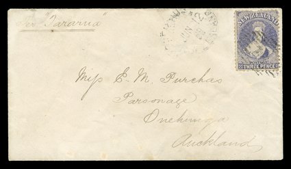 1868 (3 June) envelope from Lyttelton Per Tararua to Miss Purchas at Onehunga, bearing 3d. lilac (small fault at top) lightly cancelled 16 and with light arrival c.d.s. (12.6)
alongside. Sc. 33 S.G. 117. Note: The Rev. A.G. Purchas wa