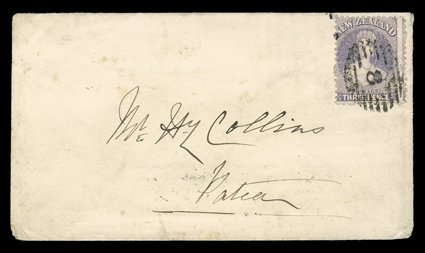 1869 (12 Aug.) envelope from Wanganui to Patea, bearing 3d. lilac clearly cancelled 8 and showing, on reverse, despatch and arrival (14.8, a very early date of use for this
datestamp) c.d.s. Sc. 33 S.G. 117.