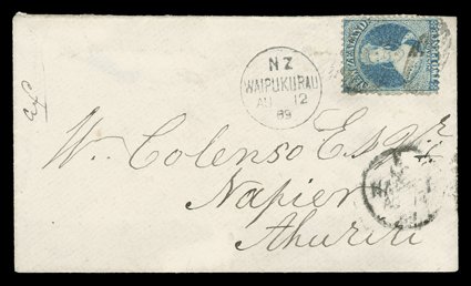 1869 (12 Aug.) envelope from the Colenso correspondence, bearing 2d. Plate II placed sideways with light indistinct cancellations and showing fine Waipukurau c.d.s. alongside,
weak Napier c.d.s. (14.8) below scarce. Sc. 32 S.G. 114.
