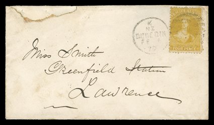 1870 (Feb.) envelope from Dunedin to Lawrence, bearing 4d. yellow with light O duplex and with part arrival c.d.s. on reverse the envelope with some faults though a scarce
½oz.-1oz. country letter rate with the 4d. yellow seldom seen used alon