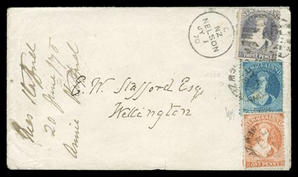 1870 (1 July) envelope from the Stafford correspondence from Nelson to Wellington, bearing 3d. lilac cancelled N1 in oval of bars with c.d.s. alongside, and 1d. orange and 2d.
blue cancelled with indistinct unframed c.d.s. in transit on 4