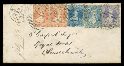 1870 (25 July) envelope from Hokitika to Christchurch, bearing 1d. orange pair, 2d. Plate I and 2d. Plate II cancelled with several C21 duplexes, arrival c.d.s. (27.7) some
stains around a couple of the adhesives though a scarce three-color t