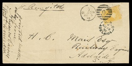 1870 (5 Aug.) printed matter front pr Rangitoto from Dunedin to Adelaide, bearing 4d. yellow neatly cancelled with 0 duplex and with G.P.O. Adelaide c.d.s. (18.8) c.d.s.
additionally tying the adhesive, manuscript printed matter from A