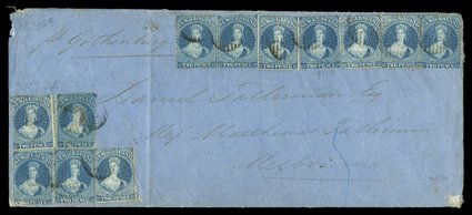 1866 (12 May) 2oz. envelope (220x95mm.) from Hokitika to Melbourne, bearing 2d. deep blue Plate II (12, one with re-entry) in various shades and generally lightly cancelled
with indistinct oval of bars, despatch and arrival (18.5) c.d.s. on rever
