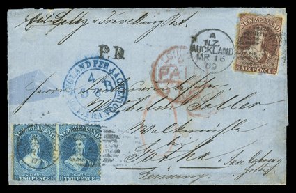 1869 (16 Mar.) entire from Auckland to Gotha carried on the Panama and New Zealand Royal Mail Steam Companys Ruahine, bearing 2d. deep blue Plate II pair and 6d. red-brown
each cancelled with 1 duplex and showing manuscript 6 in red cr