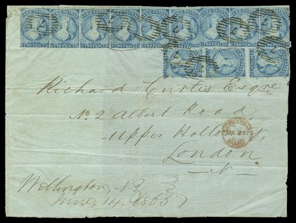 1865 (14 June) large part pale green quadruple rate lettersheet from Wellington to London, bearing 2d. blue Plate II retouched (12) all superbly cancelled 7, showing London
Paid c.d.s. (21.8) and, on reverse, Wellington c.d.s. central vertical