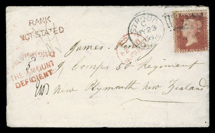 1866 (MayJuly) pair of envelopes to and from a soldier in New Plymouth, the first on 23 May from Stroud, Glos. to James Penley 9, Comp 50 Regiment New Plymouth New Zealand and
franked at 1d., the envelope not stating his rank and therefore