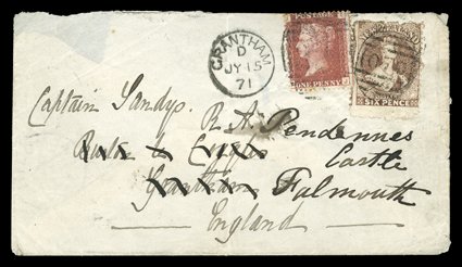 1871 (15 July) envelope from Wellington to Grantham bearing 6d. brown cancelled with 070 duplex, upon arrival redirected to Falmouth and bearing 1d. red Plate 146, affixed
partially over the original cancellation, with 321 duplex, the reverse