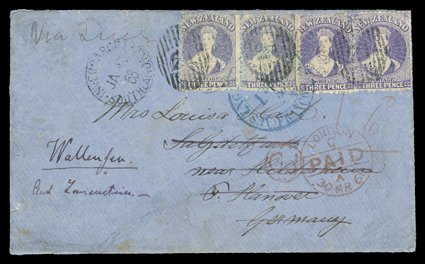 1868 (20 Jan.) blue envelope from Invercargill via Suez to Salzdefurt and redirected to Wallensen, bearing 3d. lilac pair and 3d. deep mauve (2) thrice cancelled with 21
duplex, showing 6d in red crayon, London Paid c.d.s. (30.3), circu