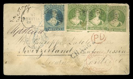 1870 (Mar.) envelope from Hokitika to Locarno, bearing 2d. deep blue Plate II and 1- yellow-green (3, two defective and one toned) with light bars cancellations and despatch
c.d.s. alongside, also showing oval-framed PD, London Registered oval