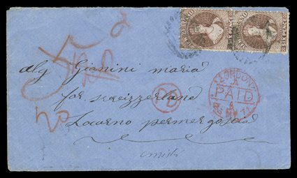 1871 (14 Mar.) blue envelope to Locarno, rated 5d and bearing 6d. red-brown vertical pair with indistinct numeral obliterators and showing London Paid c.d.s. (23.),
circular-framed PD and 20 (centimes) credit mark, the reverse with despatch