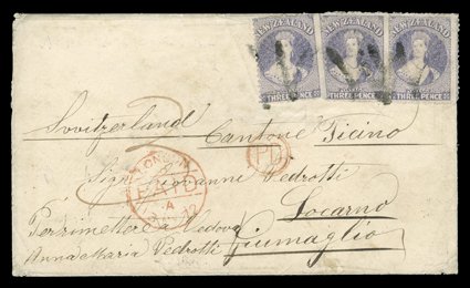 1872 (15 Mar.) envelope from Hokitika to Locarno, bearing 3d. lilac (3) each cancelled with large capital W and showing manuscript 3, circular-framed PD and London Paid c.d.s.
(13.5), all on face, despatch, Nelson (18.3) and Locarno (