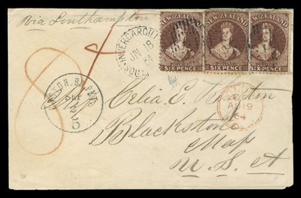 1864 (18 June) envelope from Invercargill via Southampton to Blackstone, Mass. with an overall advertising for Cobb & Co. in pink on reverse, bearing 6d. red-brown (3) twice
cancelled with 21 duplex, rated 4 and 8 in red crayo