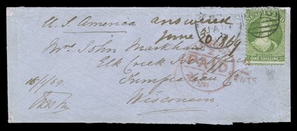 1869 (17 Jan.) envelope (H.M.S. Blanche crest on flap) from Wellington to Elk Creek Post Office Wisconsin, initialed AHM (Lieut A.H. Markham, Commander of H.M.S. Rosario in
1871) and bearing 1- yellow-green cancelled with 070 d