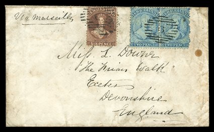 1864 envelope from Auckland and 1865 envelopes (2) New Plymouth (2), each bearing 2d. pale blue Plate I, worn pair and 6d. red-brown cancelled 1 or 9, 1866 envelope from
Wanganui bearing 6d. red-brown pair (2d. overpaid) indistinctly cancelle