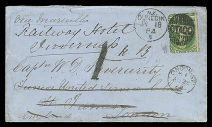 1864 (18 June) blue envelope from Dunedin to London, bearing 1- green (partially lifted) clearly cancelled with otago duplex, upon arrival redirected to Inverness and showing
h.s. 1 redirection fee and outgoing London c.d.s. (22.8), th