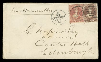 1865 (13 May) envelope from Dunedin to Edinburgh, bearing 4d. deep rose and 6d. red-brown twice cancelled with 0 duplex and showing, on reverse, arrival c.d.s. (16.7) scarce
and attractive. B.P.A. Certificate (1991). Sc. 34, 36 S.G. 119, 122.