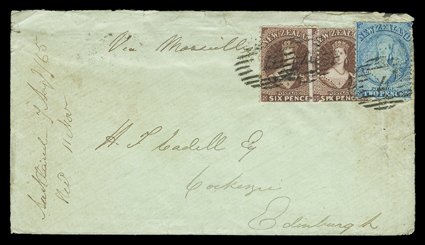 1865 (12 Sept.) pale green envelope from the Cadell correspondence from Wellington to Edinburgh bearing 2d. pale blue Plate I worn and 6d. red-brown (2, one grossly
miss-perforated, each clearly cancelled 7 with despatch and arrival c.d.s.
