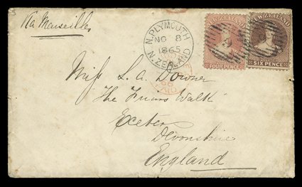 1865 (8 Nov.) envelope from New Plymouth to Exeter, bearing 4d. deep rose and 6d. red-brown each clearly cancelled 9 and with despatch c.d.s. alongside with London Paid c.d.s.
(12.1) below, Exeter c.d.s. (13.1) on reverse the envelope with som