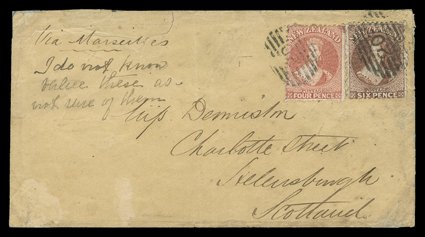 1866 (9 Mar.) envelope from Greymouth to Helensburgh, bearing 4d. deep rose and 6d. red-brown each clearly cancelled 20 and showing, on reverse, despatch, Glasgow (14.5) and
arrival (14.5) c.d.s. the envelope with non-contemporary notation on