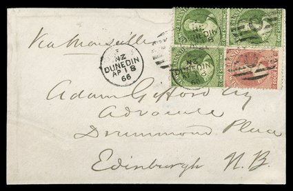 1866 (18 Apr.) quadruple rate envelope to Edinburgh, bearing 4d. deep rose and 1- yellow-green (3) neatly cancelled with 0 duplex, arrival c.d.s. (11.6) on reverse the
envelope with large portions on face and reverse replaced though an attrac