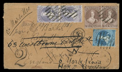 1869 (9 July) double rate buff envelope from Blenheim to London, bearing 2d. Plate II, 3d. lilac vertical pair and 6d. red-brown horizontal pair all cancelled with M1 duplex,
showing two large 2 h.s., circular-framed R. and Lon