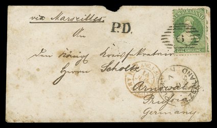 1866 (7 May) envelope (some stains and small fault at top) from New Plymouth to Arrowalde, bearing 1- yellow-green neatly cancelled 9 with despatch c.d.s. and French entry
c.d.s. (14.7) below, and unframed P.D. h.s., the reverse with D