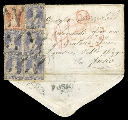 1869 (3 Sept.) envelope from Hoikitika to Fusio, bearing 1d. pale orange-vermilion and 3d. lilac (5) all cancelled with large W handstamp and showing manuscript 20 in crayon,
circular-framed pd and London Paid c.d.s. (1.11), all in re