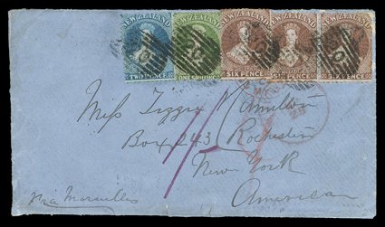 1869 (23 Feb.) blue double rate envelope from Greymouth to New York, bearing 2d. deep blue Plate II, 6d. red-brown (3) and 1- yellow-green each cancelled 20, rated 1- and 4
and showing London Paid c.d.s. (15.5), New York Paid All
