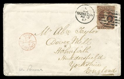 1866 envelope from Auckland to London bearing 6d. red-brown cancelled 1 in oval of bars 1867 (Aug.) envelopes (2), one from Dunedin to Huddersfield bearing 6d. red-brown
cancelled with 0 duplex, the second from Blenheim to Perth bearing 3d.