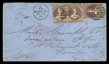 1866 (5 Sept.) blue envelope from Dunedin to London, bearing 6d. red-brown pair and a single twice cancelled with 0 duplex and showing London Paid c.d.s. (29.10) in red below,
a further London c.d.s. (29.11) on reverse. Signed Holcombe. Sc. 36