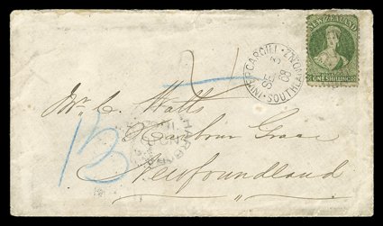1868 (3 Sept.) double rate envelope from Invercargill to Harbour Grace carried on the 27th. voyage by the Matuara, bearing 1- yellow-green cancelled with 21 duplex, rated 4
(deleted) and replaced with 13 in blue crayon with arrival c