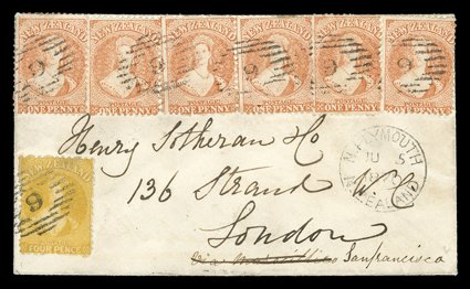 1870 (5 June) envelope from New Plymouth to London, endorsed Via Marseilles (deleted) and replaced with Via San Francisco, bearing 1d. pale orange-vermilion (6) and 4d. yellow
all neatly cancelled 9 with despatch c.d.s. below, arriv