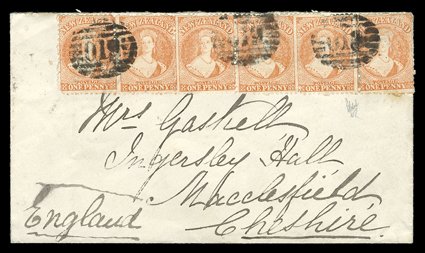 1871 (31 Jan.) envelope from Clutha Ferry to Cheshire, bearing 1d. pale orange-vermilion strip of six thrice cancelled 019 in oval of bars and showing, on reverse, weak
despatch c.d.s. Dunedin (31.1) and Macclesfield (3.4) c.d.s. A rare and mos