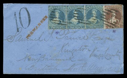 1870 (27 July) blue envelope from Ross to Kingston carried on the 1st. Contract, 5th. voyage of the Wonga Wonga, bearing 2d. deep blue Plate II strip of three and 6d.
red-brown thrice cancelled V4 in oval of bars and showing 10 rate ma