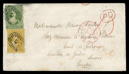 1870 (30 Aug.) envelope from Campbelltown to Cure de Cologny, carried on the 1st. Contract, 6th. voyage by the City of Melbourne, bearing 4d. and 1- green each neatly
cancelled 5, rated 10 and 20 in red crayon and showing ova