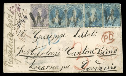 1871 (17 Oct.) envelope registered from Waimea carried on the 2nd. Contract, 7th. voyage by the Nevada to Locarno, bearing 2d. blue (2, one defective), 3d. lilac and 1871 6d.
pale blue (2) all cancelled with large capital W, showing Londo