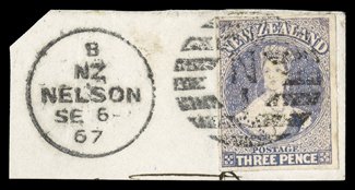 3d. lilac with good to very large margins, neatly cancelled with 1867 Nelson N duplex and tied to piece very fine. Sc. 33b var. S.G. 117a var. provenance: Gerald
Ellott