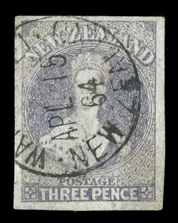 3d. lilac with good to very large margins, neatly cancelled with large part wa inew zealand (possibly Wangarai) 15 April 1864 c.d.s. very fine. Sc. 33b var. S.G. 117a
var.