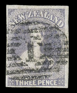 3d. lilac with good to very large margins, neatly cancelled with thick 1 in oval of bars at Auckland fine. Sc. 33b var. S.G. 117a var.