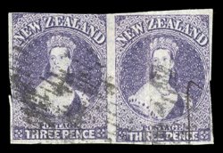 3d. deep mauve horizontal pair with good to large margins mainly all round, indistinct bars cancellation scissor-cut at left, the right-hand stamp with a pen stroke and a
heavy vertical crease. Very rare. Sc. 33c S.G. 118a, £1,800.
